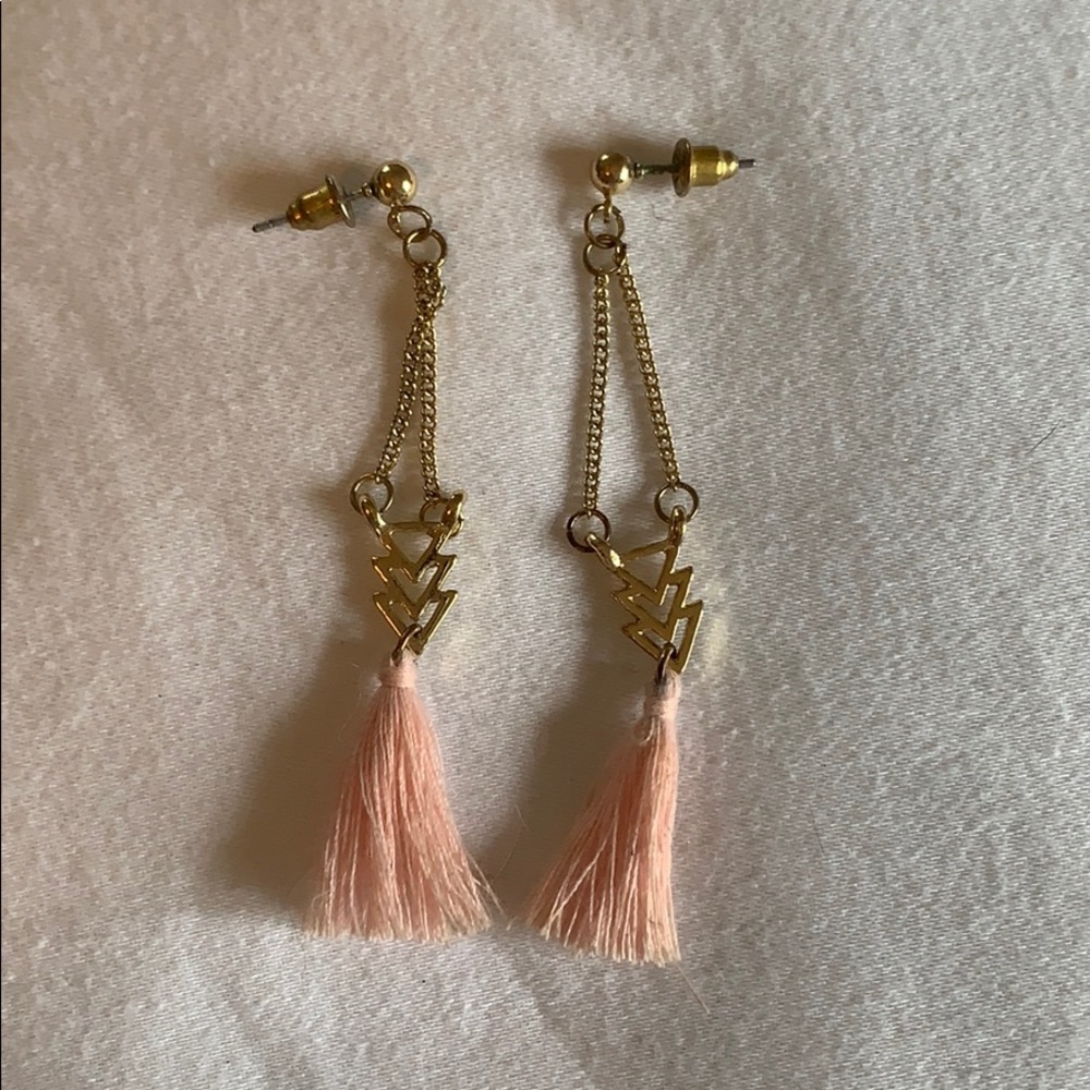 Pink tassel earrings with gold triangle